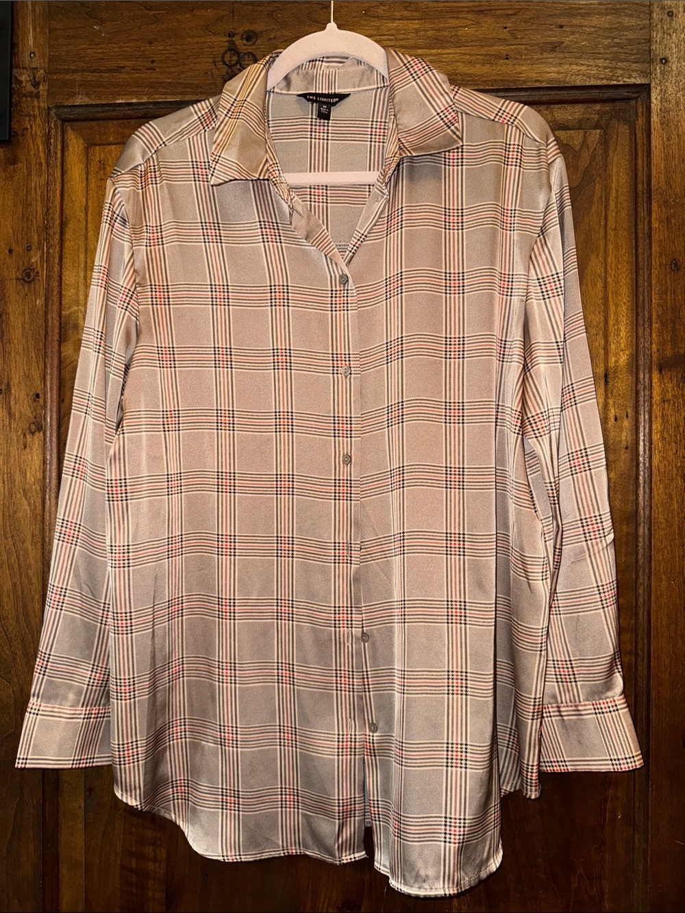 The Limited Plaid Button-Up Blouse in Beige with Red Accents w/Silky Finish
